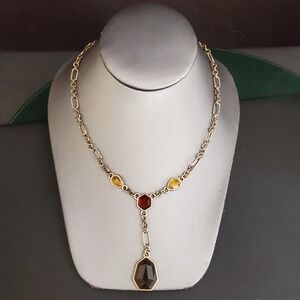 Vintage Carolina Herrera Gold Tone Faceted Earth Tones Crystal Beaded Y Necklace